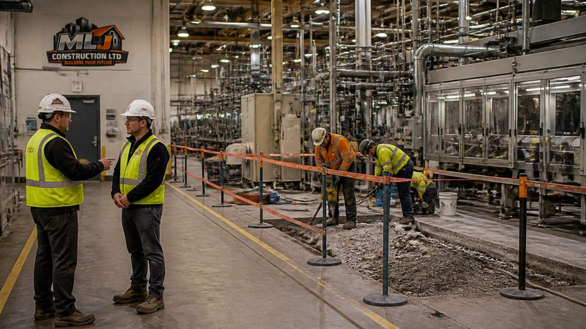 Construction crew working near active machinery while minimizing downtime during industrial facility upgrades